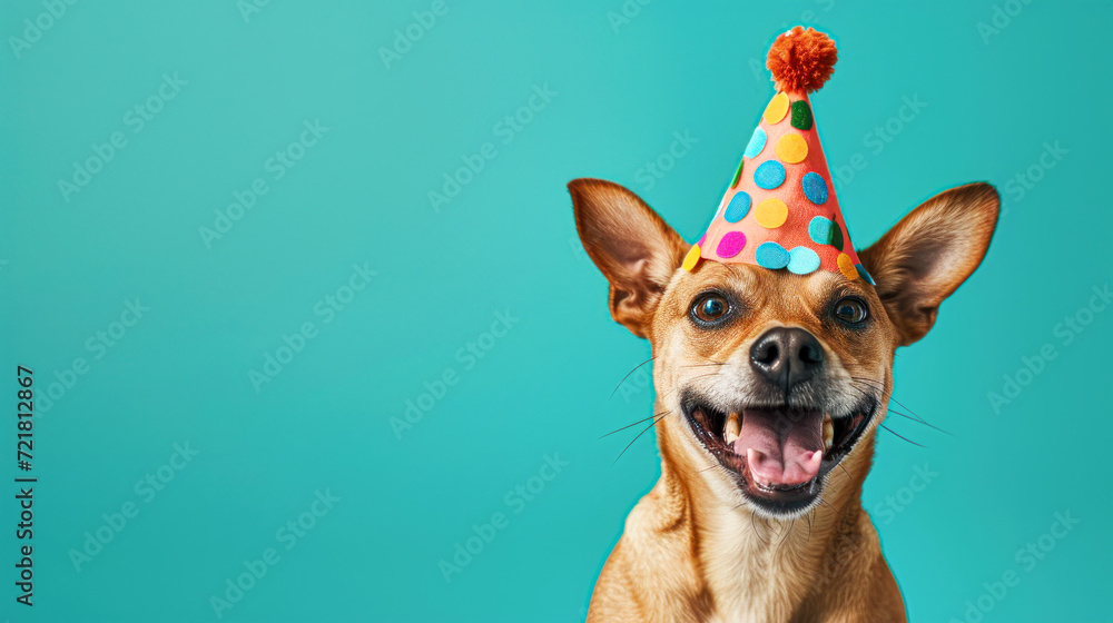 Happy Dog Wearing a Colorful Birthday Hat. Joyful dog with a big smile, wearing a vibrant polka-dotted birthday party hat against a teal background.