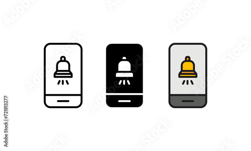 This vector art features a smartphone displaying a notification icon of a ringing bell, represented in three styles: outline, solid, and colored, ideal for technology, communication, 