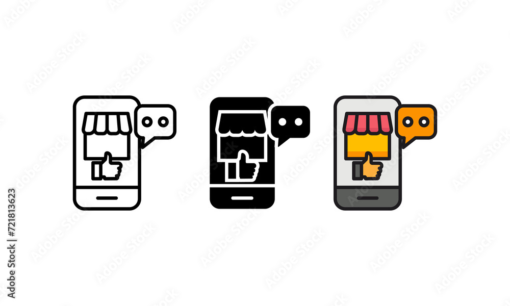Illustration design of an online store icon depicted on a mobile phone with a thumbs up gesture, along with a speech bubble, representing positive feedback. Illustration design of an online store icon depicted on a mobile phone with a thumbs up gesture, along with a speech bubble, representing positive feedback.