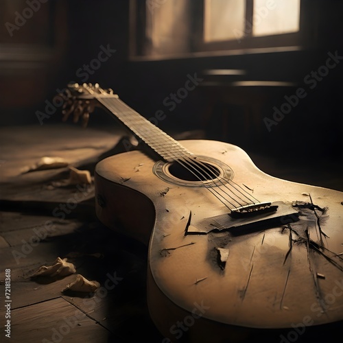 Old Broken Guitar on a wooden table beside window
