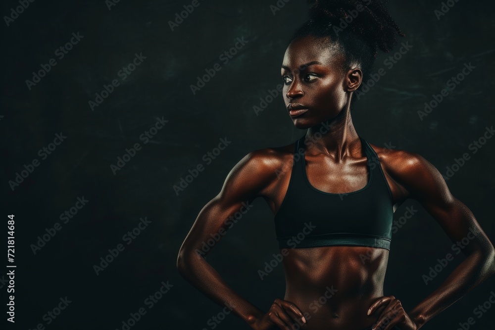 Woman showcasing fitness and physique on black background with copy space