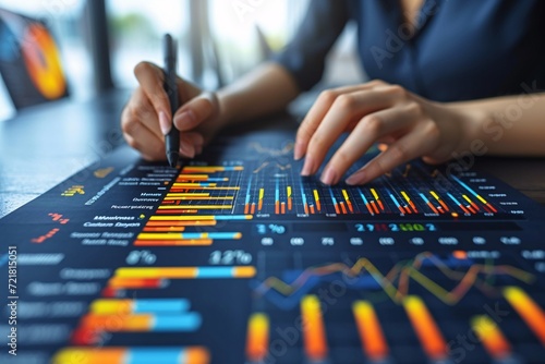Close-up of a professional analyzing colorful graphs and data on a document. Perfect for finance, business analytics, and professional consulting