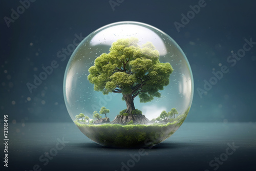 Nature, environment, landscape concept. Abstract and surreal illustration of green tree growing inside water or glass bubble in nature background with copy space. Minimalist style
