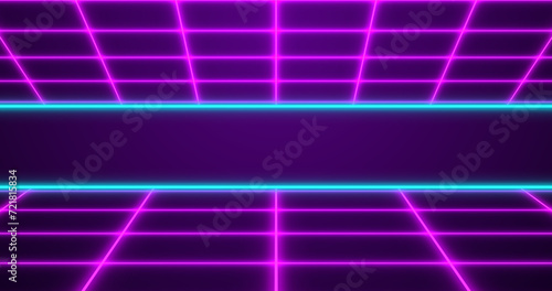 Dynamic Retro style 80s neon colored grid seamless bg. Sci-Fi movies like digital laser grid moving cyber background. Synthwave style glowing grids backdrop for techno nightclub, disco dance floor.