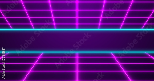 Dynamic Retro style 80s neon colored grid seamless bg. Sci-Fi movies like digital laser grid moving cyber background. Synthwave style glowing grids backdrop for techno nightclub  disco dance floor.