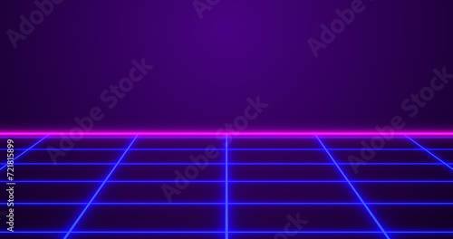 Infinite grid moving glitch clip till the horizon. Games start intro electrified fied vapur style synthwave running neon grid background. Techno style with punk colors video games bg. photo