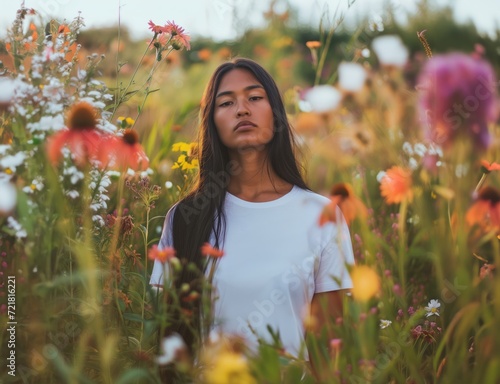 Native American Woman Standing in a Field Of Flowers During Springtime Summer Wearing a Blank White T-Shirt for Mock Up, Tee Mock Up, Blank White T Shirt