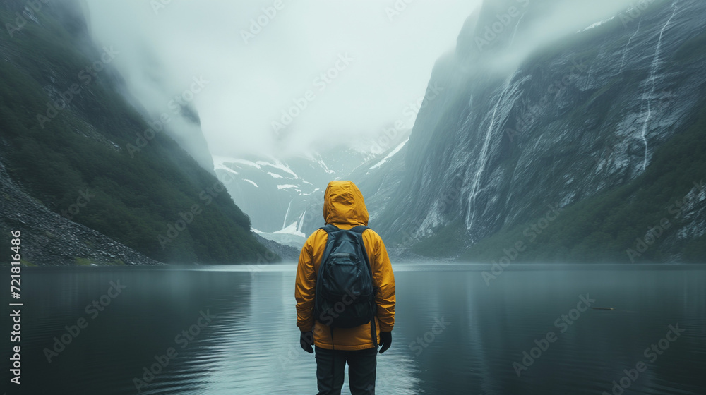 Hooded man with backpack watching the lake in the mountains landscape