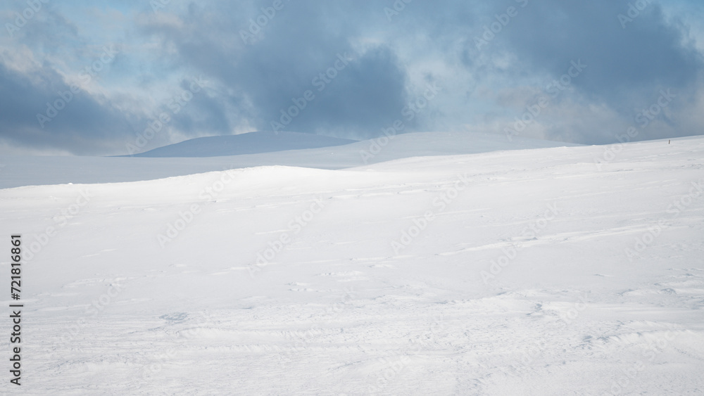 Empty fell landscape on a cold winter day with beautiful texture on the snow