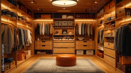 Dressing luxueux : élégance et organisation dans un espace en bois chaleureux photo