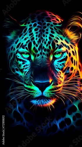 the bright neon green, orange and brown leopard, in the style of dark cyan and violet, mysterious realism, nightcore, datamosh, uhd image, massurrealism, depictions of animals photo