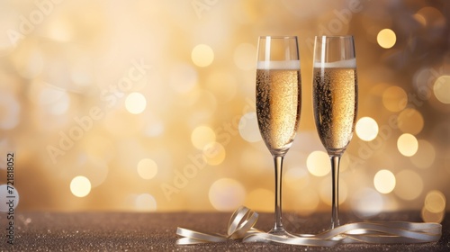 Two champagne glasses filled with effervescent golden bubbles next to a silver ribbon.