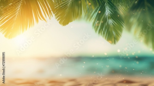 Sunlit palm leaves framing a serene tropical beach, ideal for summer vacations.