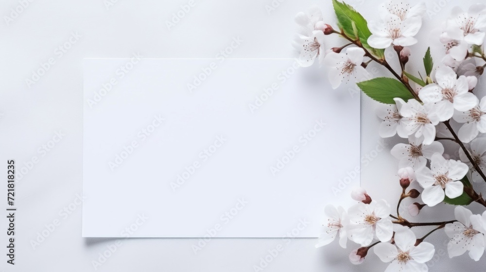 Fototapeta premium White cherry blossom branches overhanging on a blank space, perfect for springtime messages or text.