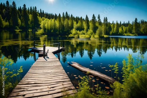  Witness the beauty of Traditional Finnish and Scandinavian landscapes in an HD-captured scene featuring a serene lake on a summer day. An old rustic wooden dock or pier in Finland is kissed by sunlig photo