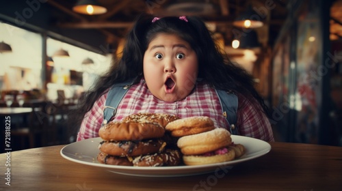 Young girl shocked at a table full of various sugary doughnuts in a cafe setting.