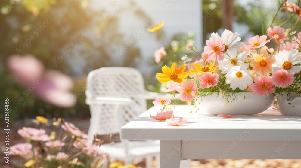 Arrangement of colorful summer flowers on a white garden table bathed in soft sunlight, with a peaceful ambiance. Arrangement of colorful summer flowers on a white garden table bathed in soft sunlight, with a peaceful ambiance.