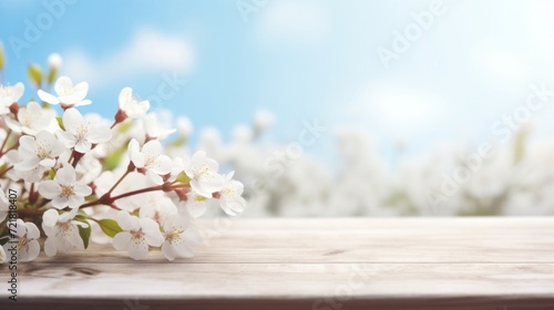 Fresh spring blossoms on a wooden surface with a bright blue sky in the background.