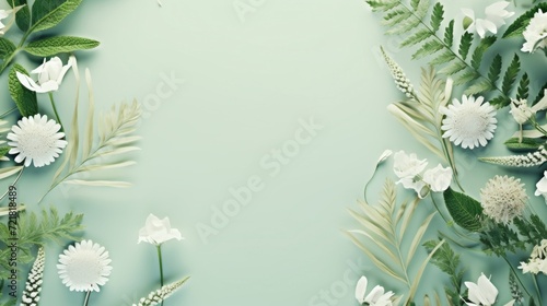 A serene collection of white flowers and green leaves arranged in a circular frame on a pastel green backdrop. © tashechka