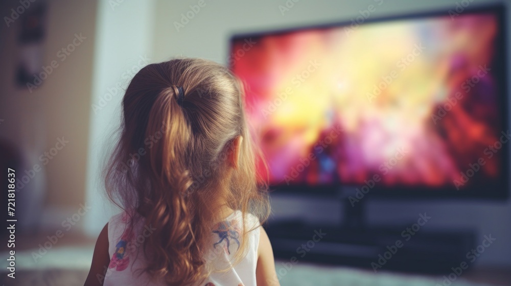 Rear view of a little girl watching an animated movie on a flat screen ...