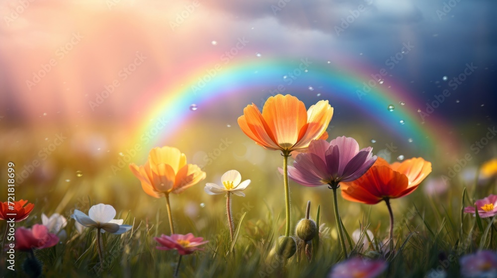 Obraz premium Bright wildflowers bloom under a radiant rainbow in a serene, sunlit meadow setting.