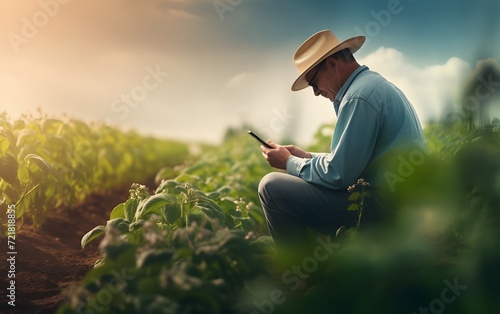 smart farming with farmer man use digital mobile phone in farm