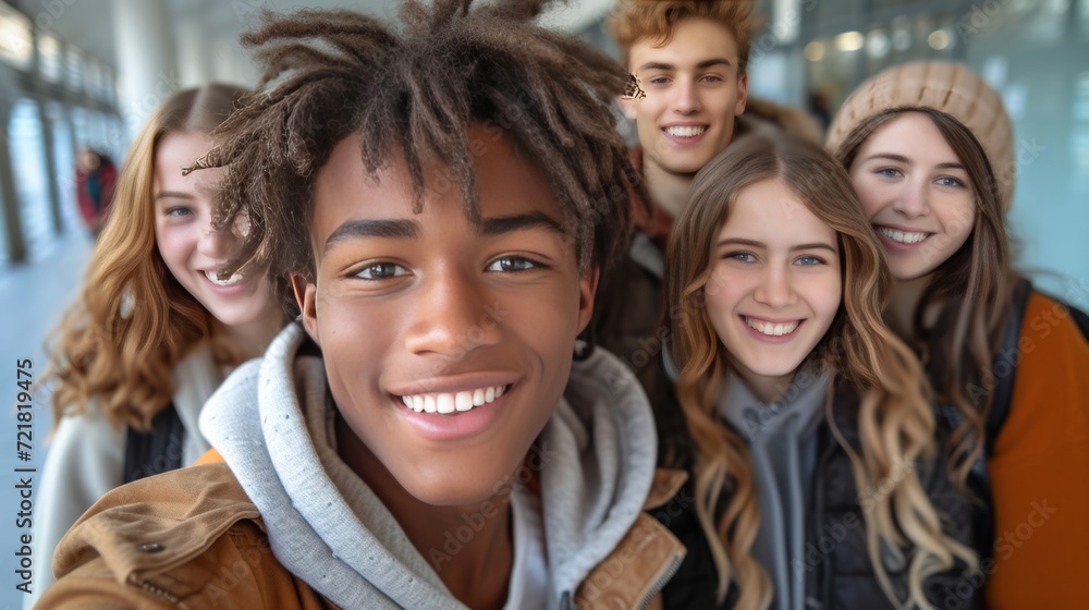 Groupe de jeunes gens joyeux et d'amis proches en tenues chaudes, partageant des moments de bonheur en extérieur Groupe de jeunes gens joyeux et d'amis proches en tenues chaudes, partageant des moments de bonheur en extérieur