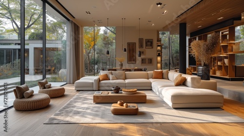 Espace de vie moderne avec hauts plafonds, lumière naturelle et connexion fluide entre intérieur et extérieur photo