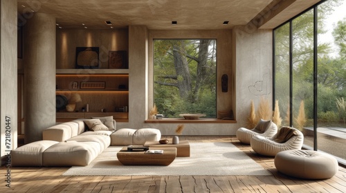 Espace de vie moderne avec hauts plafonds, lumière naturelle et connexion fluide entre intérieur et extérieur