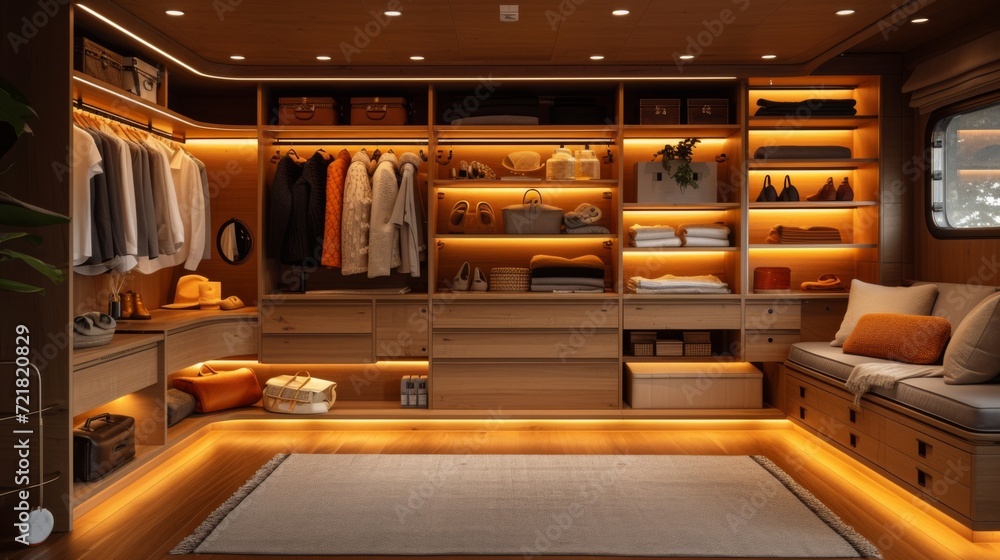 Dressing homme luxueux en bois avec éclairage chaleureux et organisation sophistiquée Dressing homme luxueux en bois avec éclairage chaleureux et organisation sophistiquée