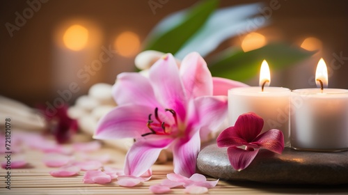 decoration Candles are lit. for spa and massage. white frangipani flowers blooming  plumeria  black zen stone  health concept  massage  spa 