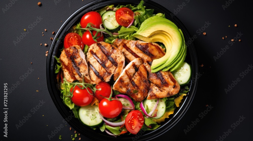 Healthy Food delivery, variant green salad and grilled chicken meat or grilled salmon in paper container for delivery, top view AI generated, copy space for texts Healthy Food delivery, variant green salad and grilled chicken meat or grilled salmon in paper container for delivery, top view AI generated, copy space for texts