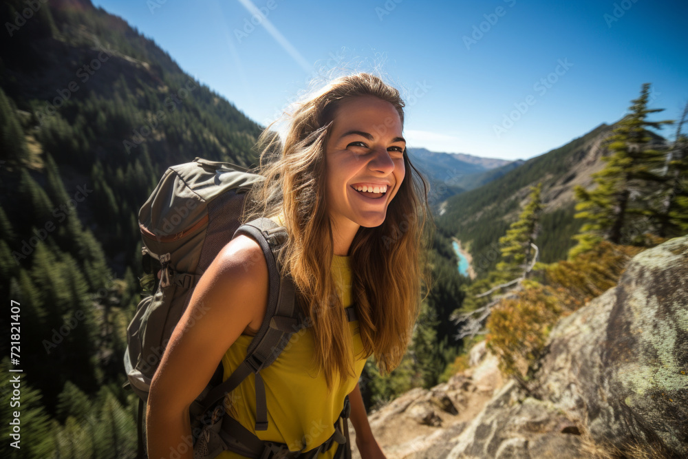A wide-angle shot of a teenage girl in adventurous outdoor gear, discovering a picturesque trail in the mountains. Use natural light to highlight the rugged beauty of the landscape.