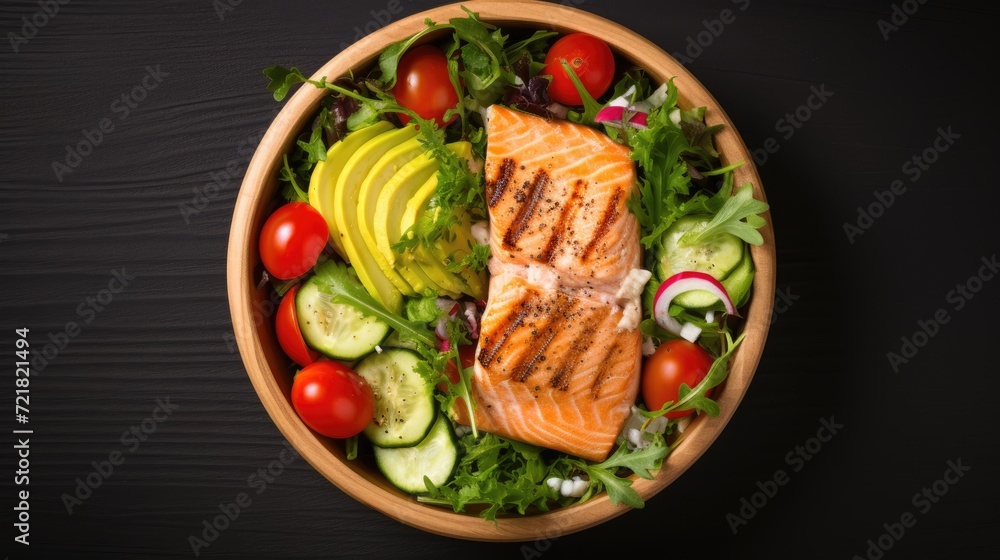 Healthy Food delivery, variant green salad and grilled chicken meat or grilled salmon in paper container for delivery, top view AI generated, copy space for texts Healthy Food delivery, variant green salad and grilled chicken meat or grilled salmon in paper container for delivery, top view AI generated, copy space for texts