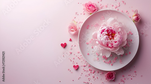 women s day concept top view photo of white circle and flowers, hearts on pastel pink background with copyspace. generative ai
