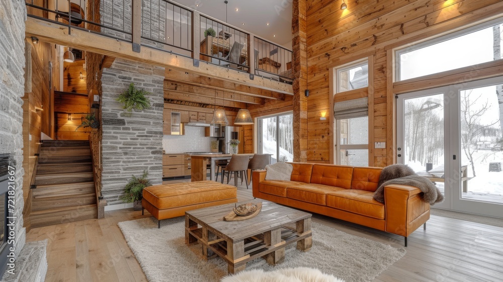 Naklejka premium Élégance naturelle : Salon moderne avec vue panoramique sur une forêt montagneuse, design contemporain et ambiance chaleureuse