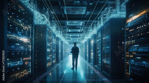 Technician in server room with data connection visual effect.Backup cloud data service center.