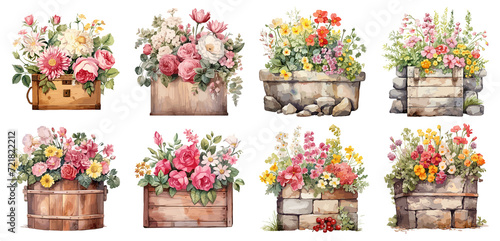 Fototapeta Naklejka Na Ścianę i Meble -  Set of watercolor vintage floral flower box Sticker, Clipart, PNG, generated ai.