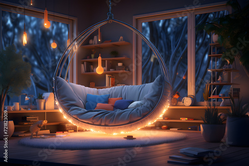 A room with a cozy cocoon swing