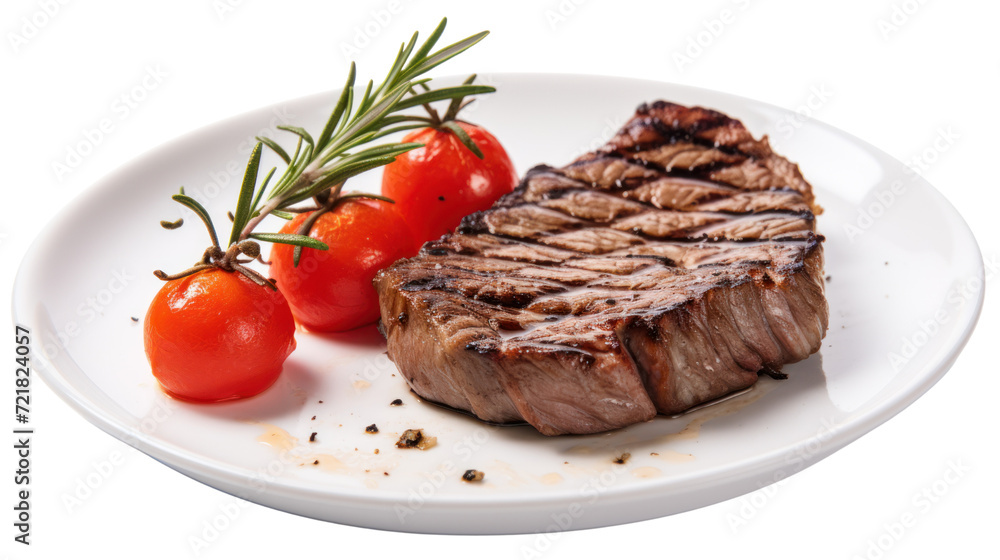 Grilled Beef Steak with tomatoes and rosemary isolated on transparent and white background.PNG image. Grilled Beef Steak with tomatoes and rosemary isolated on transparent and white background.PNG image.