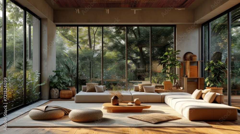 Élégance naturelle : Salon moderne avec vue panoramique sur une forêt montagneuse, design contemporain et ambiance chaleureuse