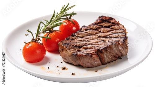 Grilled Beef Steak with tomatoes and rosemary isolated on transparent and white background.PNG image.