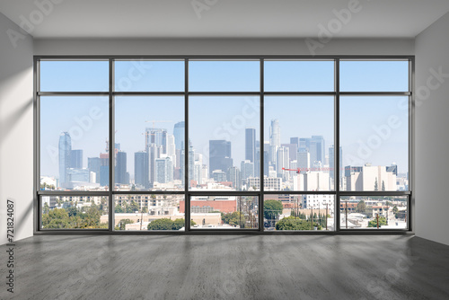 Downtown Los Angeles City Skyline Buildings from High Rise Window. Beautiful Expensive Real Estate overlooking. Epmty room Interior Skyscrapers View Cityscape. day time. California. 3d rendering.