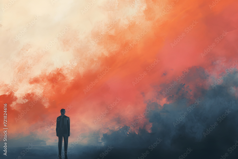 A man standing alone, lost in thought, surrounded by a sad mist. Illustrating the concept of feeling sad, burdened in mind, and deeply contemplative. A man standing alone, lost in thought, surrounded by a sad mist. Illustrating the concept of feeling sad, burdened in mind, and deeply contemplative.