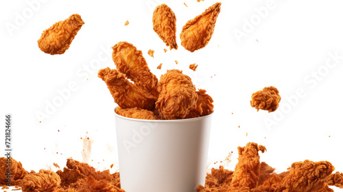 Fried chicken flying out of paper bucket isolated on transparent and white background.PNG image.