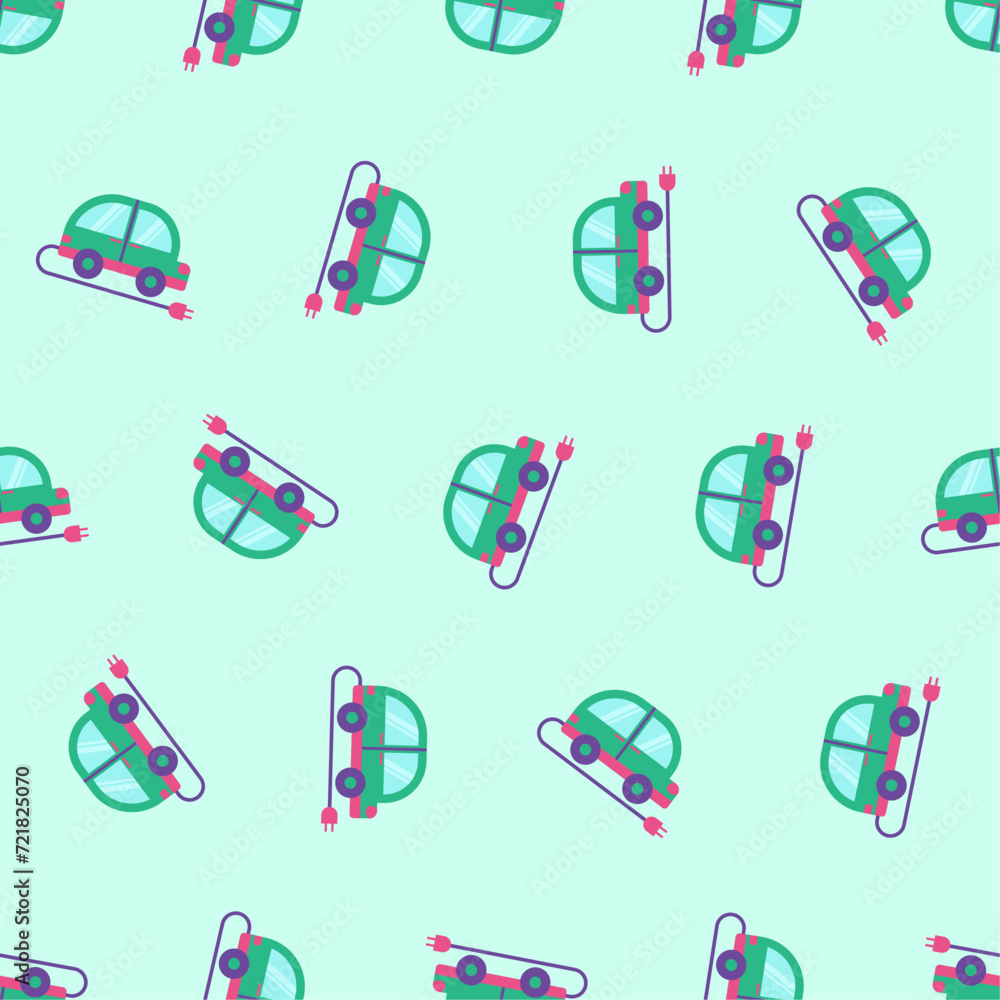 Electric car seamless pattern. Suitable for backgrounds, wallpapers, fabrics, textiles, wrapping papers, printed materials, and many more. Editable vector.