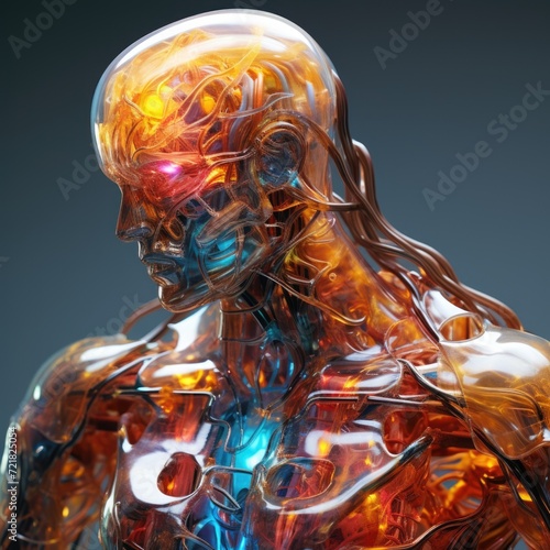 Holographic mercuric sentient cyborg made of translucent gummy molten metal. photo
