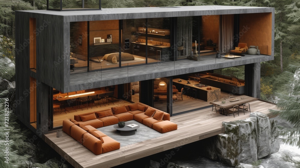 Maison moderne à deux étages offrant une vue imprenable sur la forêt environnante