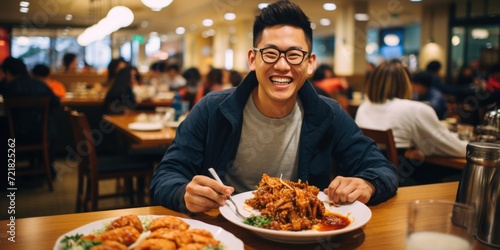 Happy asian mature man eating dinner. ai generated photo