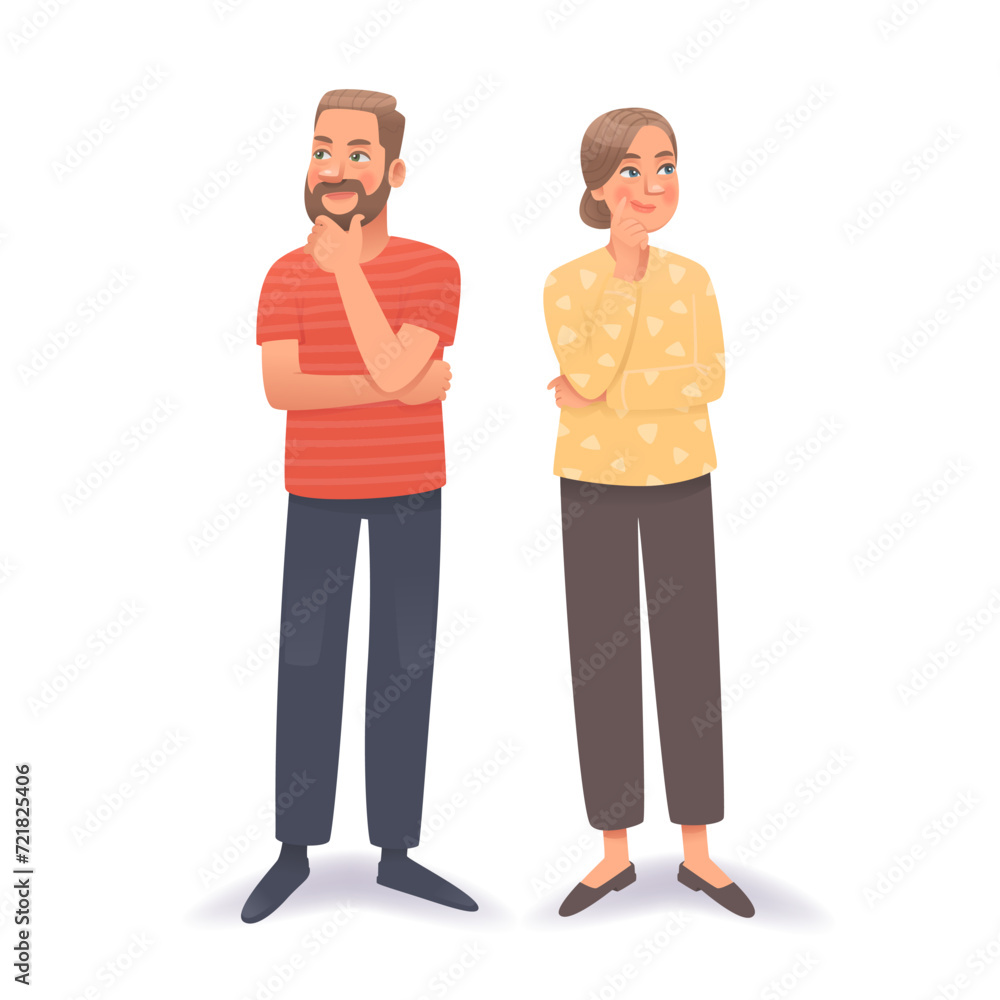 Puzzled man and woman thinking. Solution to the problem. Finding an answer to a question or dream Puzzled man and woman thinking. Solution to the problem. Finding an answer to a question or dream